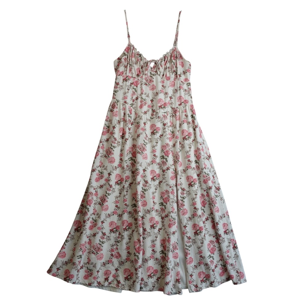 Vintage Y2K Floral Linen Cottagecore Midi Dress S White Pink‎ Romantic Babydoll